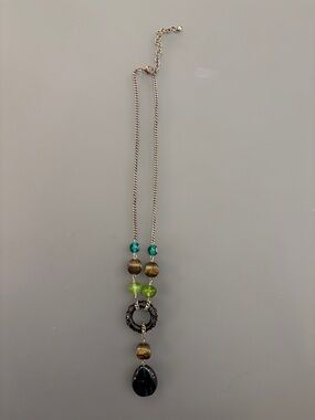 Silver-Tone Necklace with Green and Black Bead Pendant